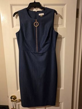 Ladies Calvin Klein Dark Navy Midi Sheath Dress with Gold Ring Zip, Size 10